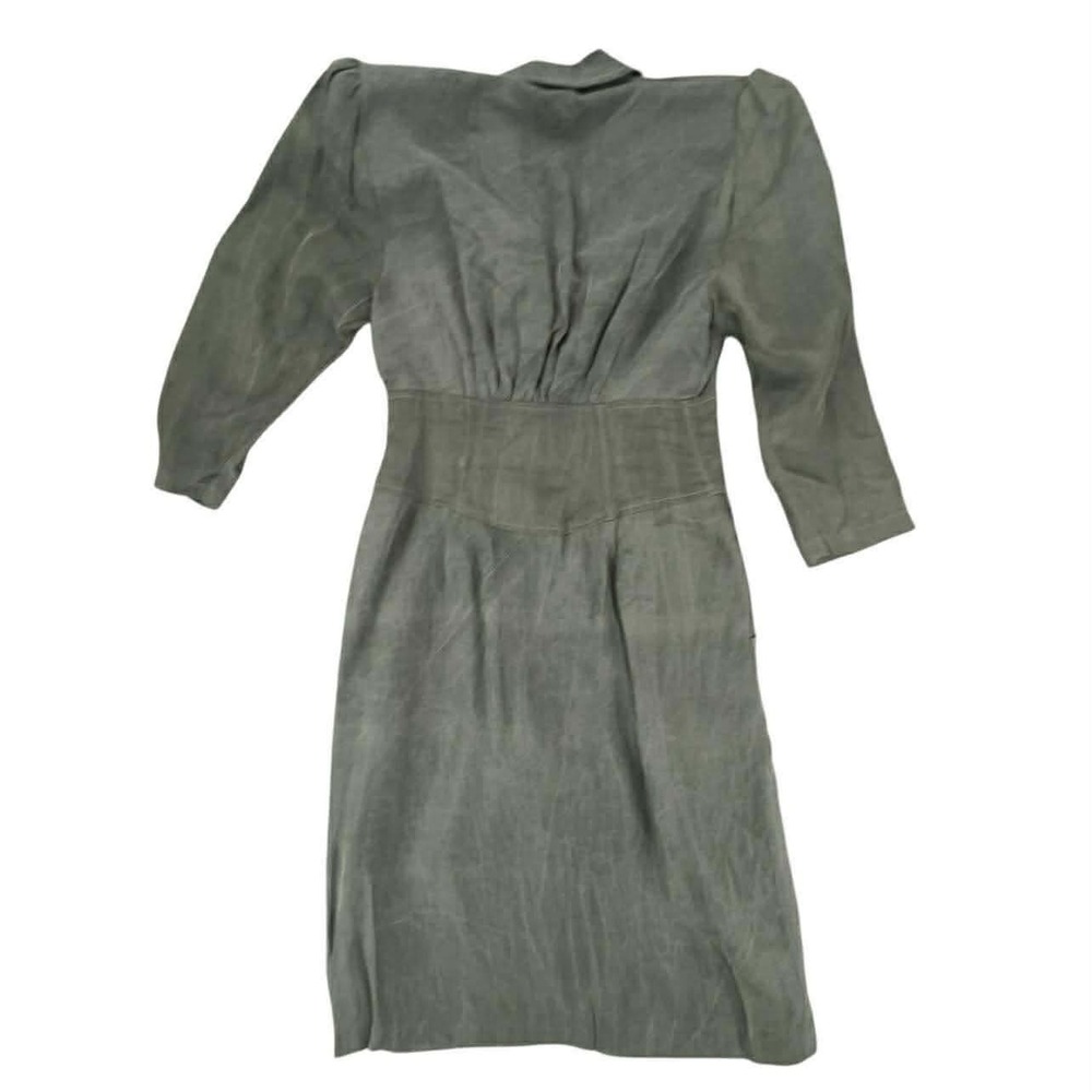 Vintage Jonathan Martin Olive Green Button Front Corset Waist Puffy Sleeve Dress - Picture 2 of 11